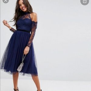 ASOS Lace Navy Blue midi cold shoulder dress